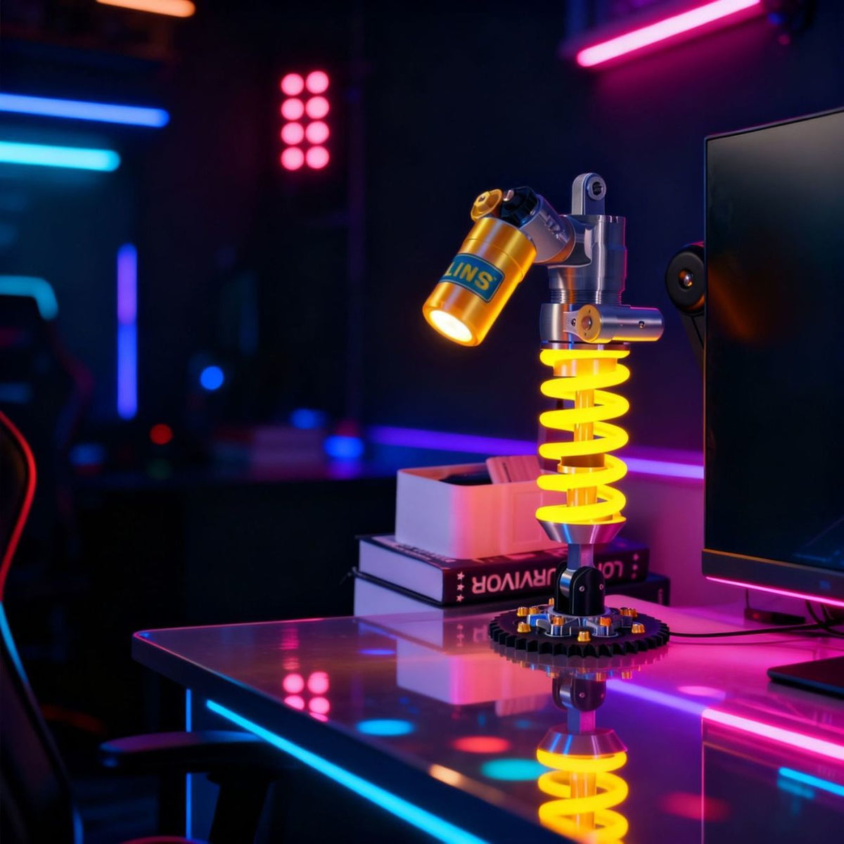 Shock absorber desk lamp, industrial coilover ambient light, back view