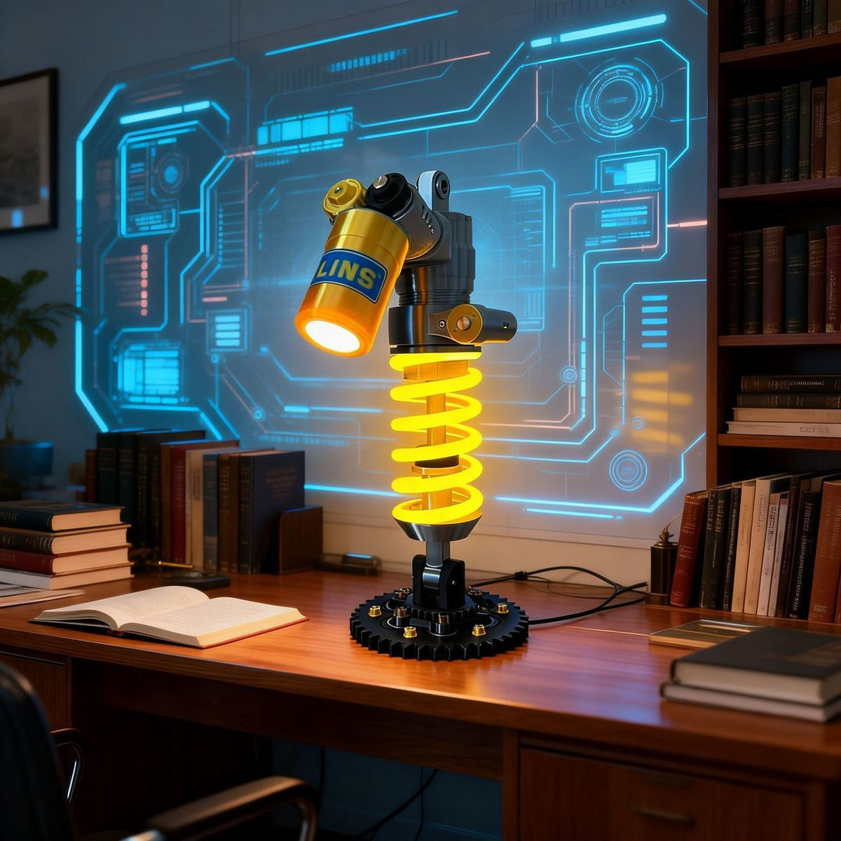 Shock absorber desk lamp, industrial coilover ambient light, side view