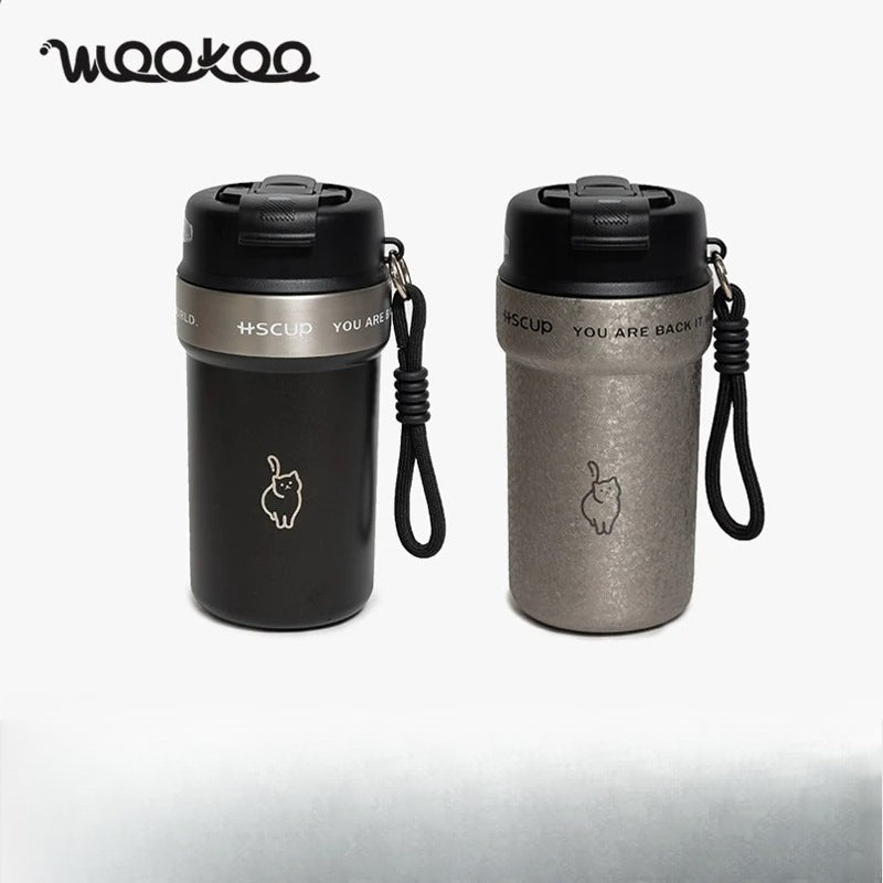 Wookoo cat tumbler, 304 stainless steel coffee cup with carry lanyard, detail view