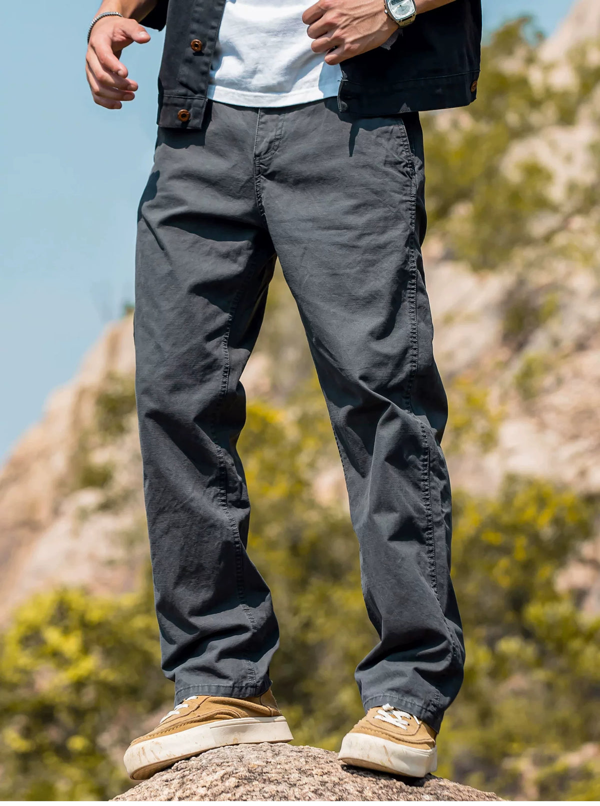 Men's Gray Pure Cotton Wide Leg Straight Casual Pants, 2026 Fall New Arrival American Vintage Stone Washed Loose Fit Long Trousers, Relaxed Retro Streetwear Daily Wear for Men Fall Outfits
