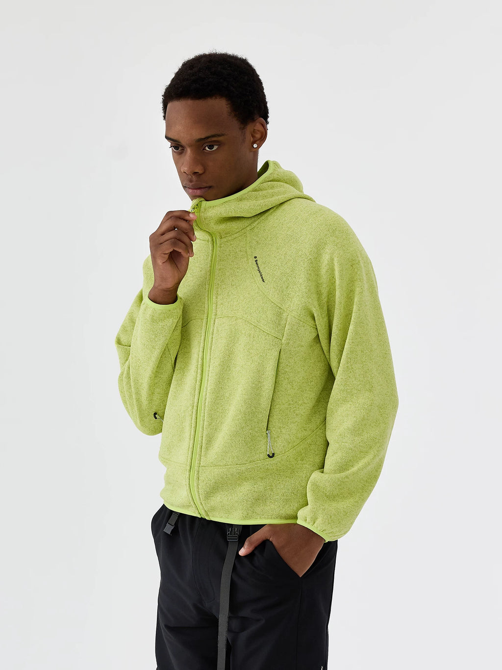 Male model wearing lime green full-zip hooded melange fleece jacket