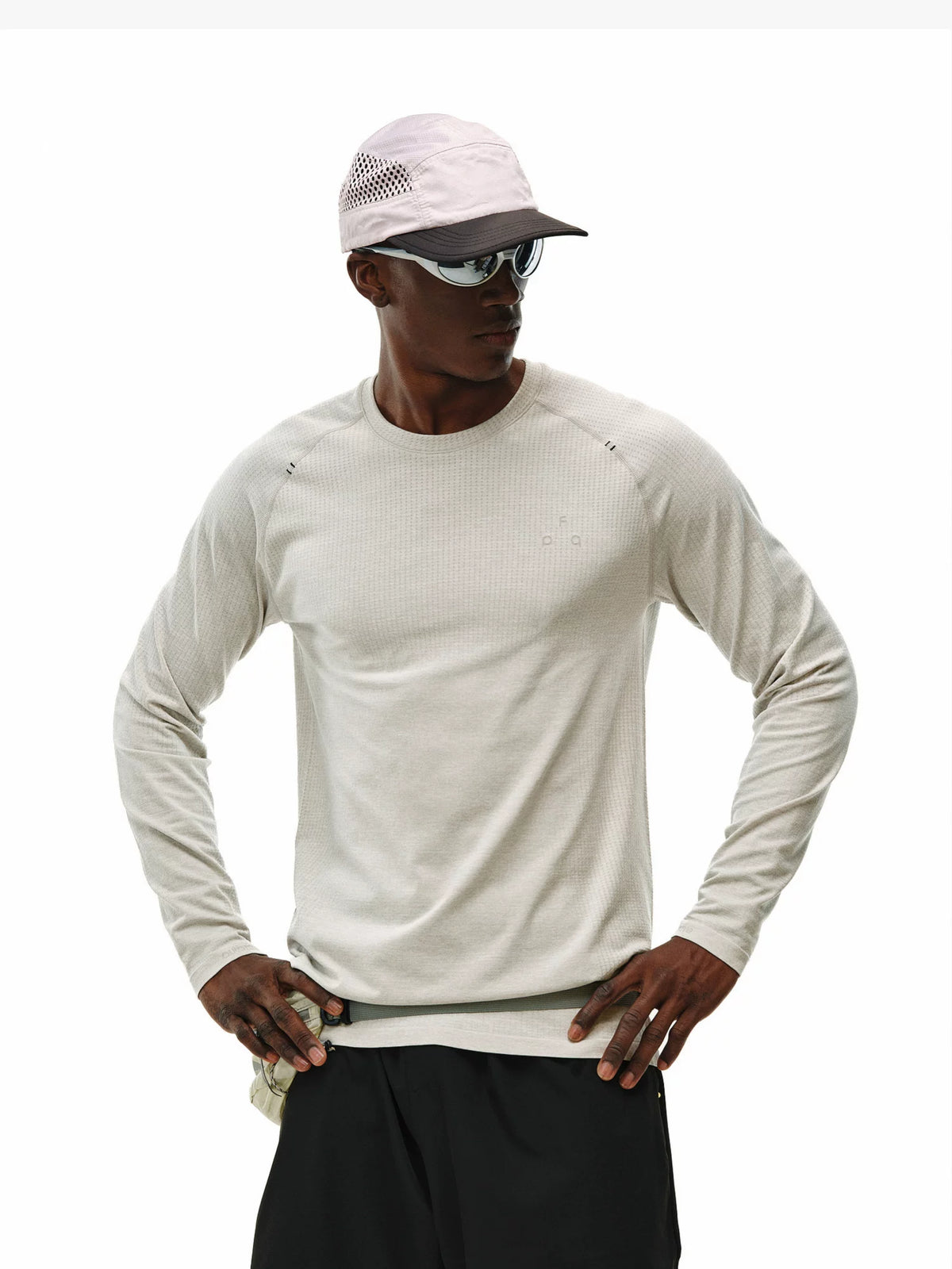 Men's seamless long sleeve athletic tee, close-up