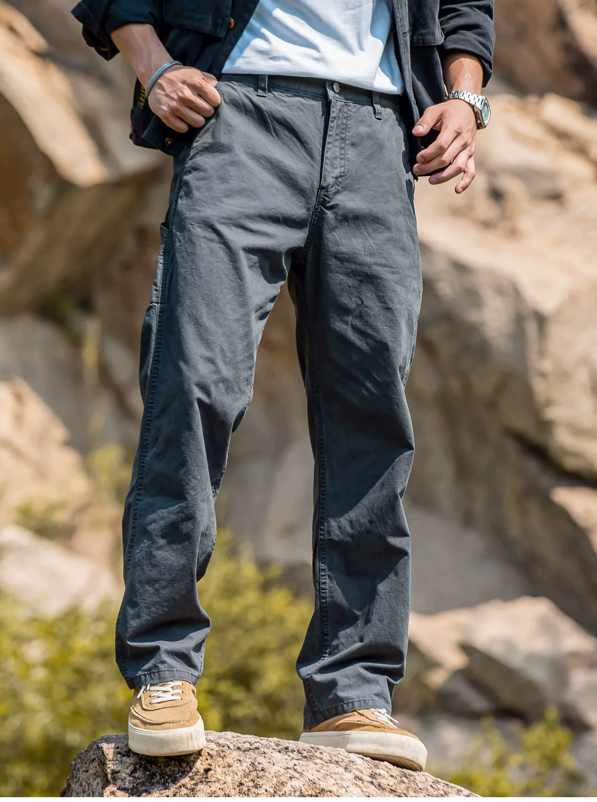 Men's Gray Pure Cotton Wide Leg Straight Casual Pants, 2026 Fall New Arrival American Vintage Stone Washed Loose Fit Long Trousers, Relaxed Retro Streetwear Daily Wear for Men Fall Outfits