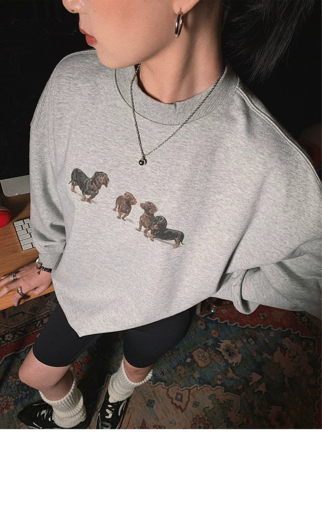PII Unisex Dachshund Crew Neck Sweatshirt, 400GSM Heavyweight Heather Gray American Vintage Classic Pullover, Soft Warm Retro Casual Top for Dog Lovers Streetwear Daily Fall Winter Wear