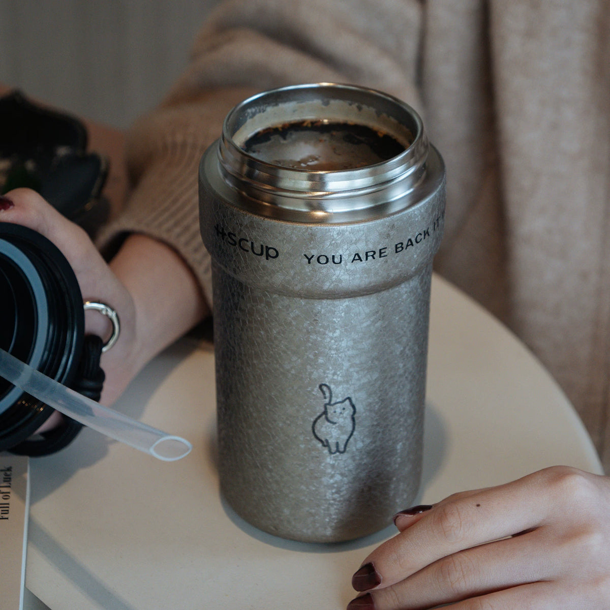 Wookoo cat tumbler, 304 stainless steel coffee cup with carry lanyard, back view