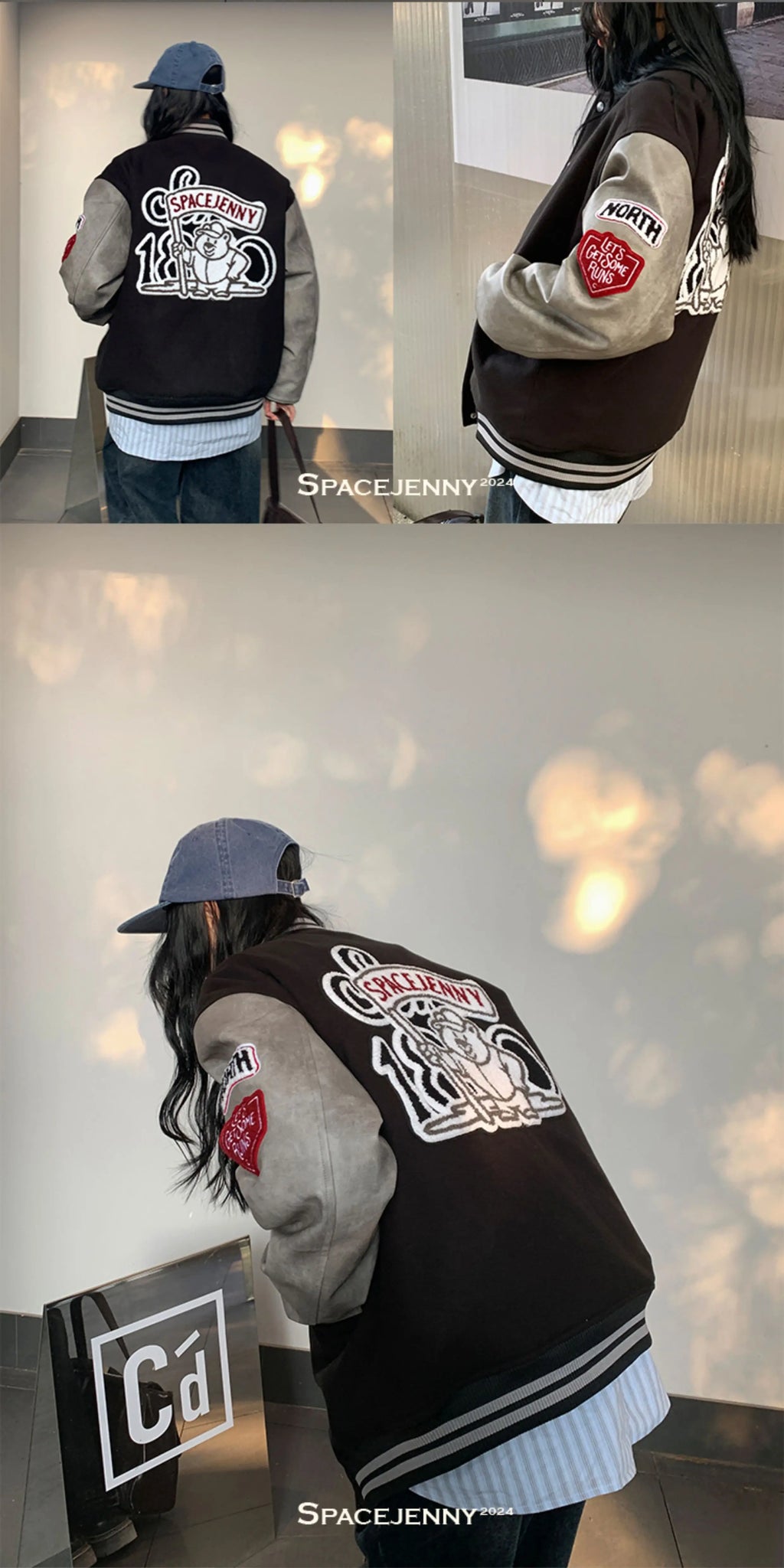 Women's vintage bear chenille embroidered varsity jacket with PU leather sleeves, product photo 9