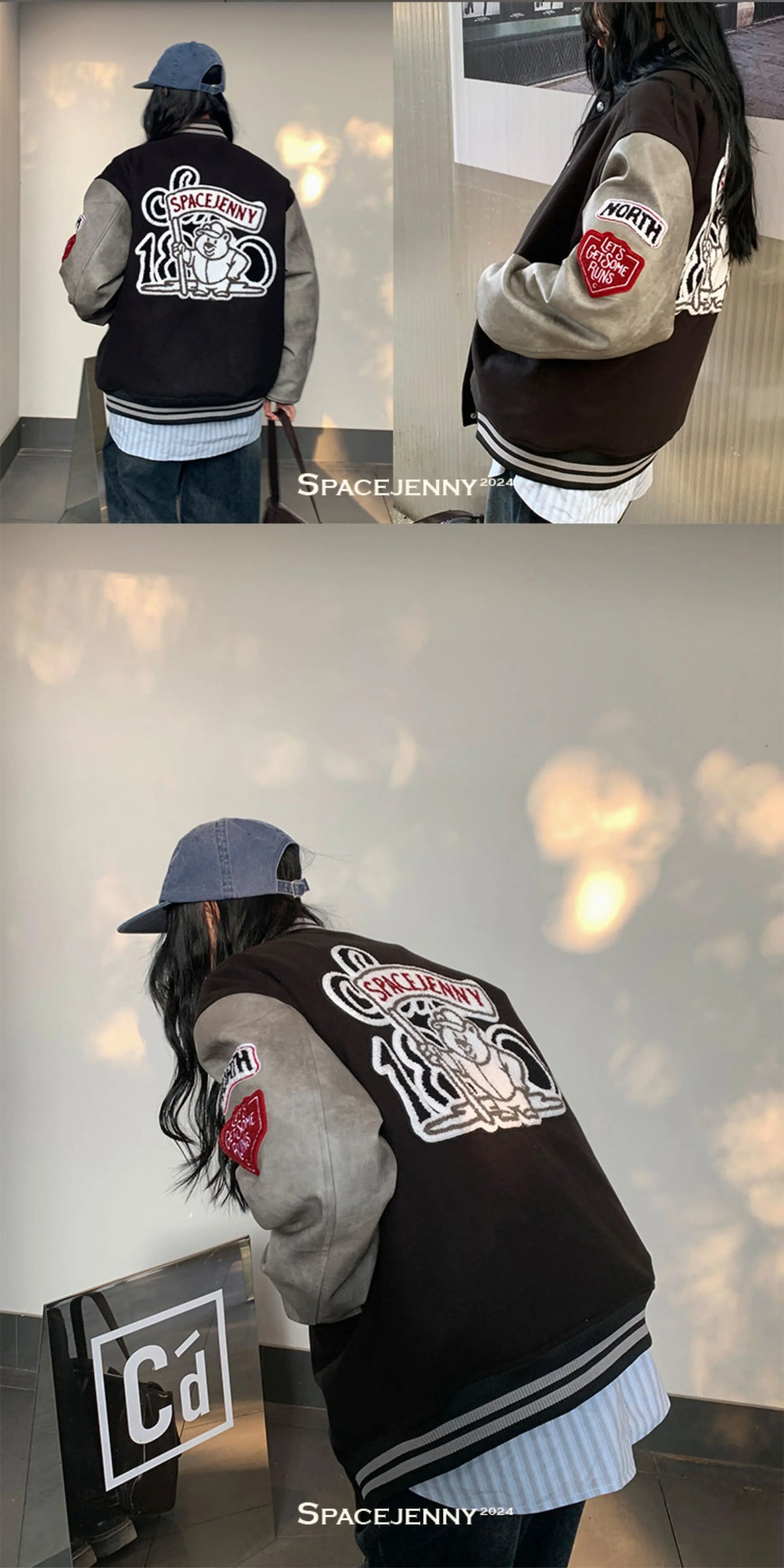 Women's vintage bear chenille embroidered varsity jacket with PU leather sleeves, product photo 9