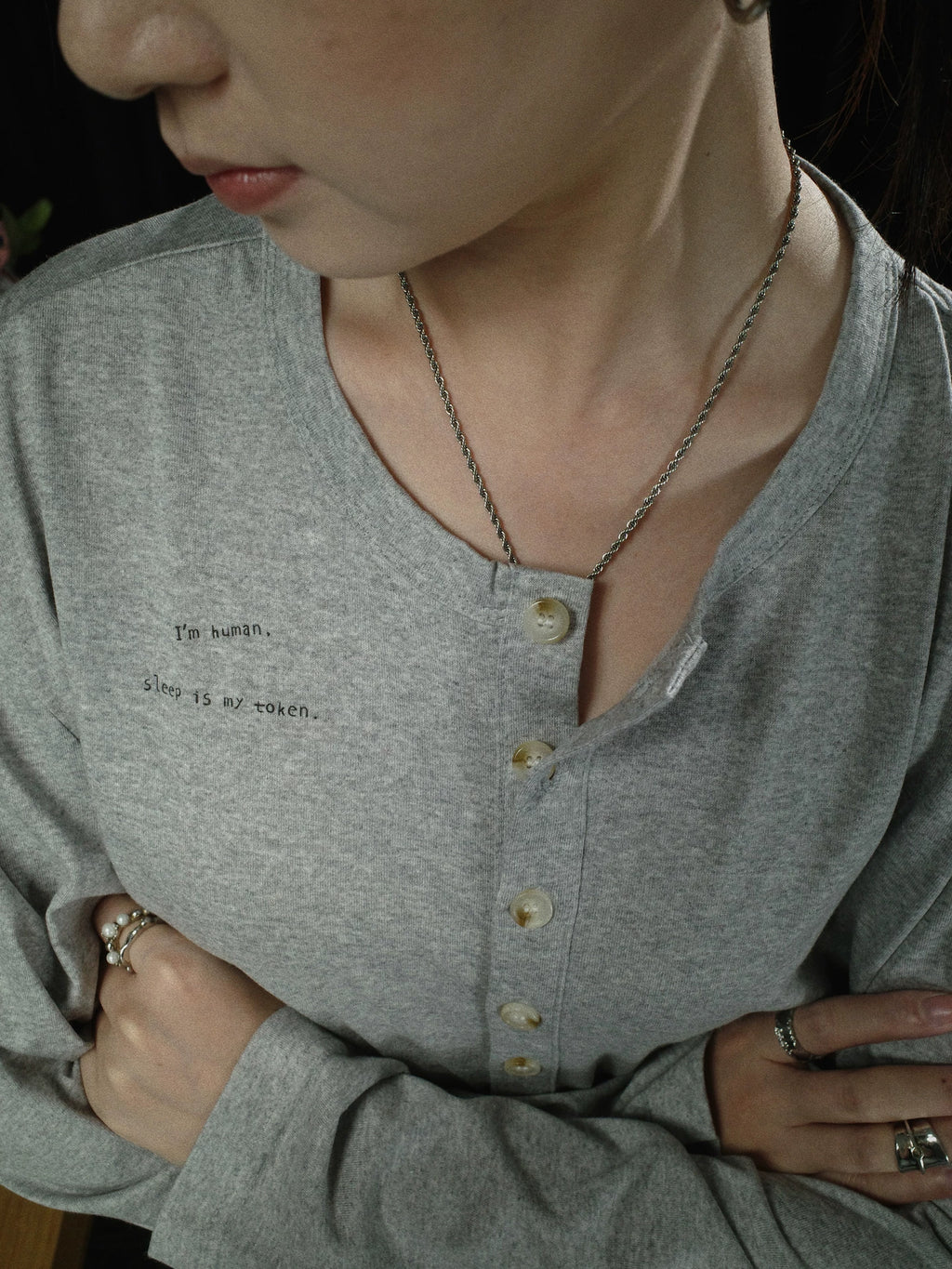 PII "I'm Human Sleep Is My Token" Henley T-Shirt, 250GSM Lyocell 90s Vintage Hand Drawn Retro Tee, Soft Breathable Casual Henley Top for Men Women Streetwear Daily Loungewear