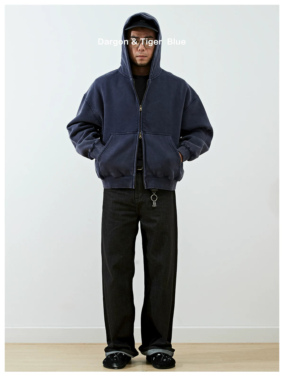Boxy cropped wide fit washed distressed fleece lined hoodie, side view