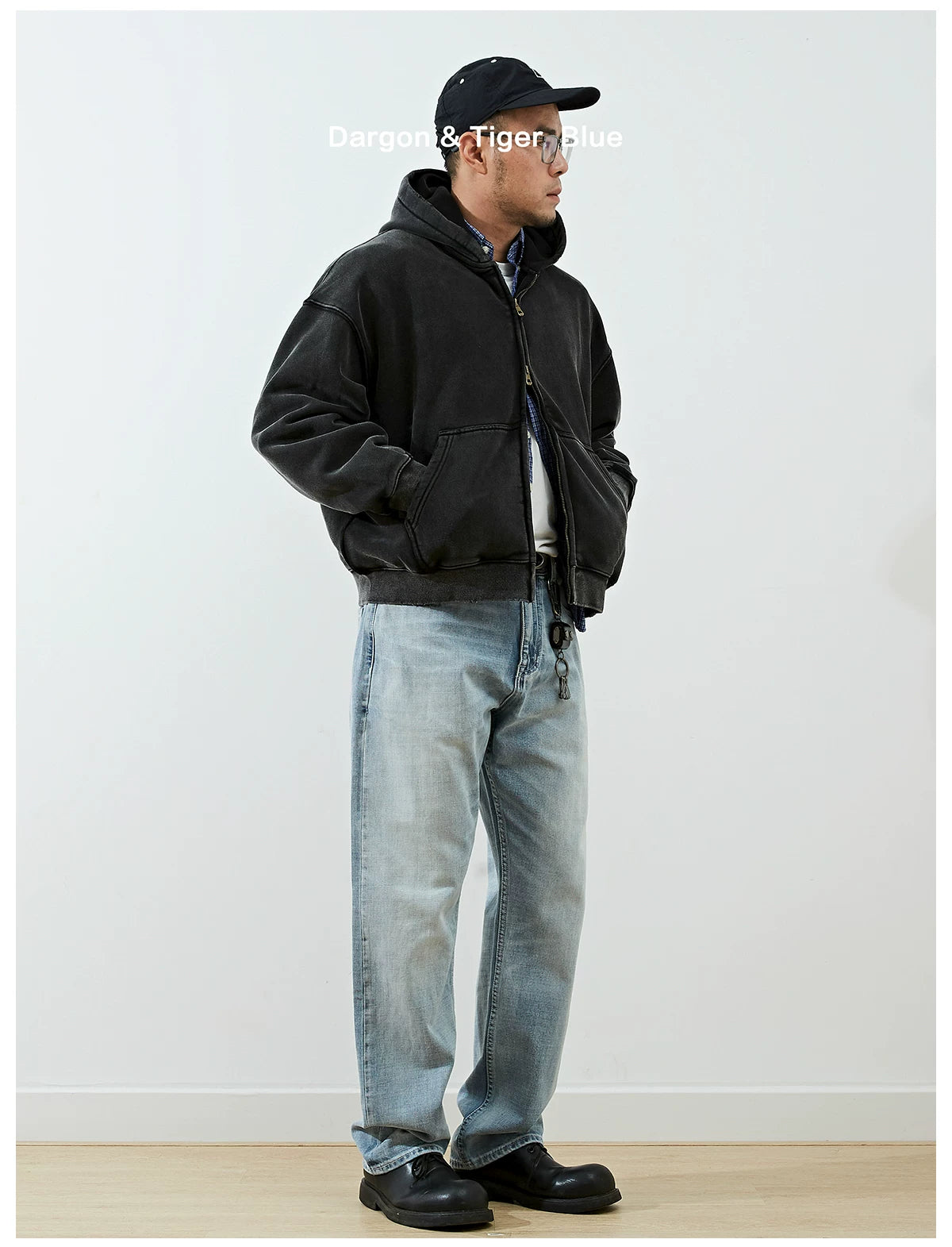 Boxy cropped wide fit washed distressed fleece lined hoodie, product photo 8