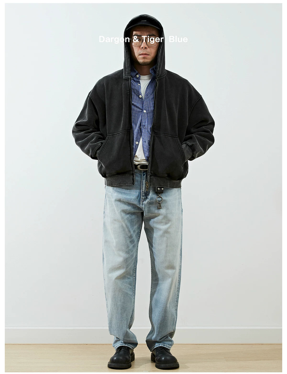 Boxy cropped wide fit washed distressed fleece lined hoodie, product photo 7