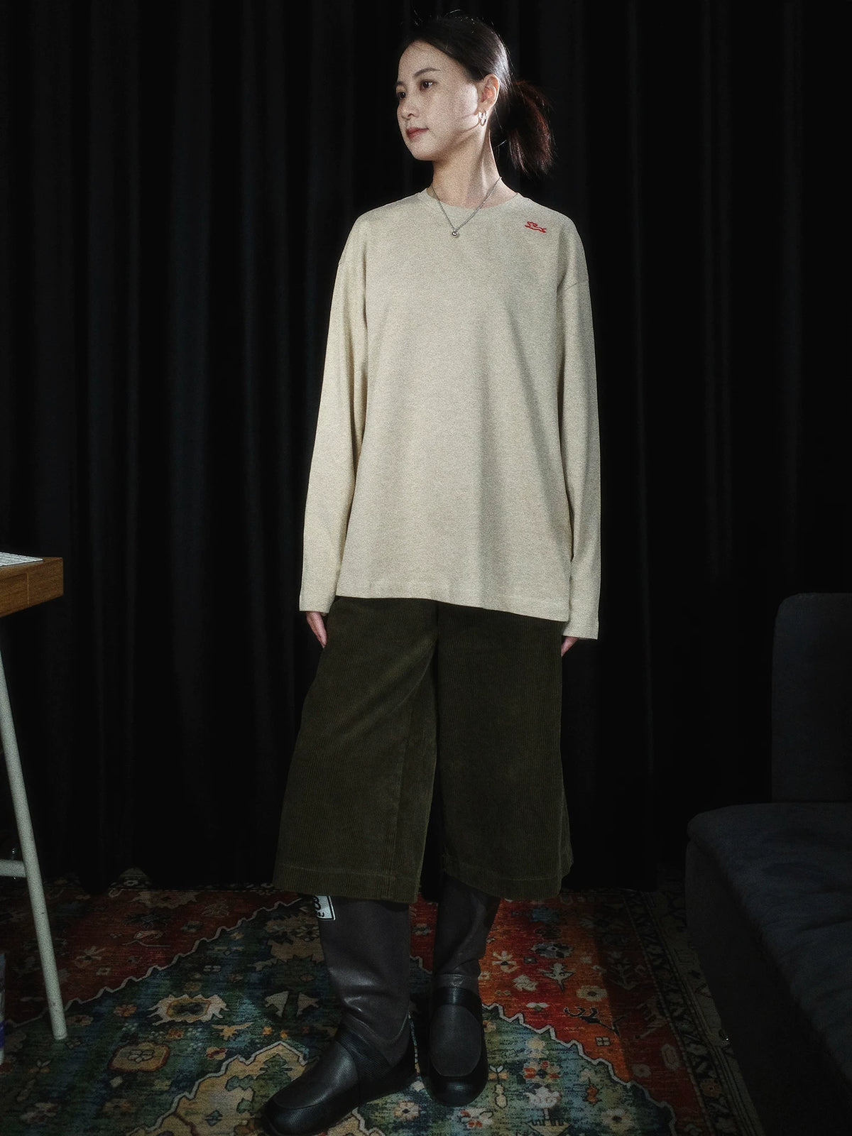 PII Run Unbound Dachshund Embroidered Long Sleeve T-Shirt, 260GSM Heavyweight American Vintage Khaki Oat Wiener Dog Tee, Relaxed Fit Retro Casual Crew Neck Top for Men Women Streetwear Dog Lovers Daily Wear