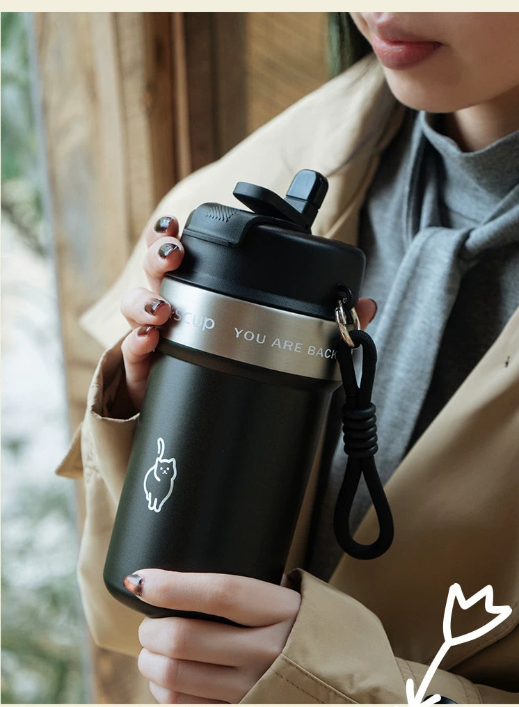 Wookoo cat tumbler, 304 stainless steel coffee cup with carry lanyard, product photo 9