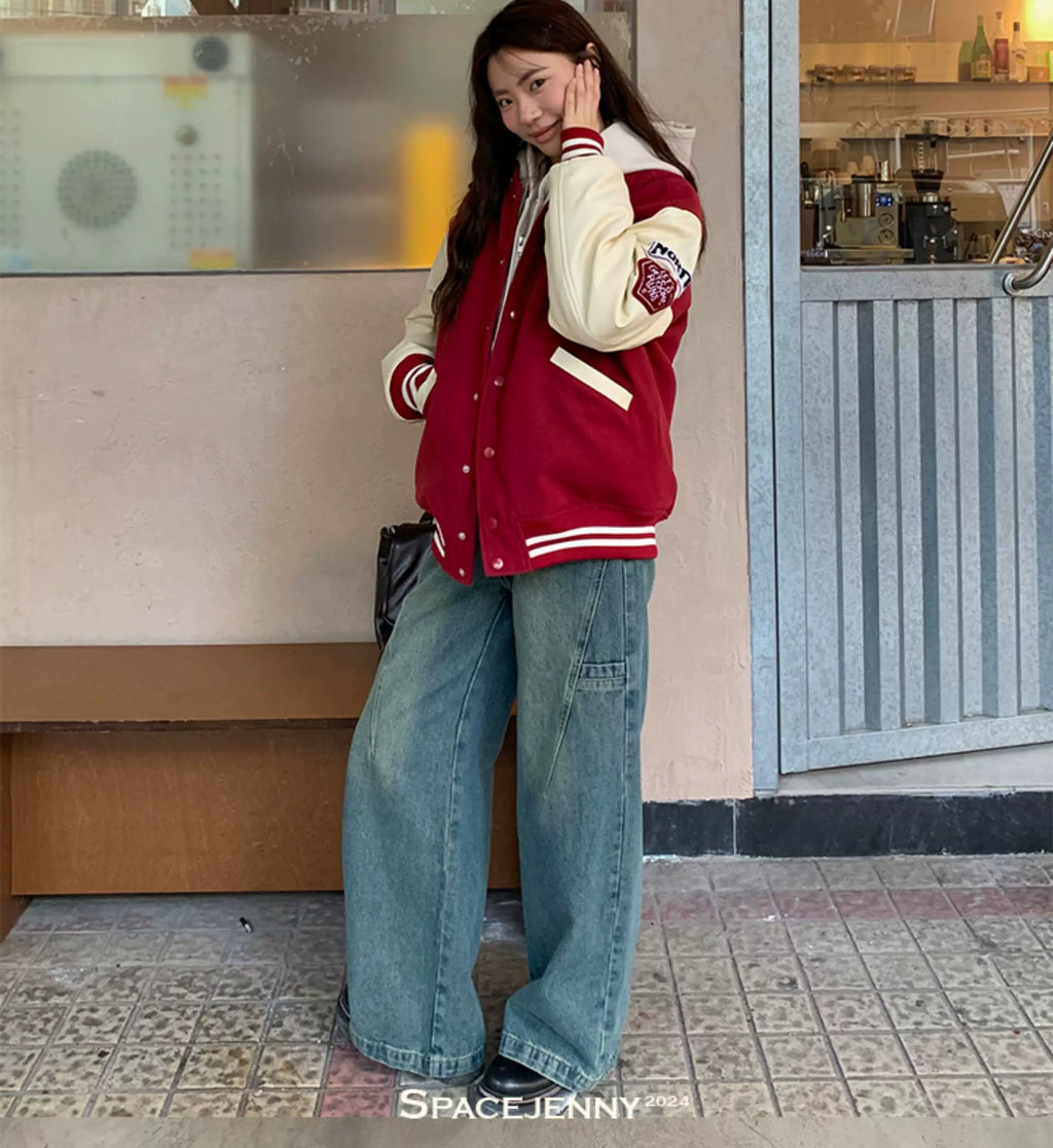 Women's vintage bear chenille embroidered varsity jacket with PU leather sleeves, product photo 18