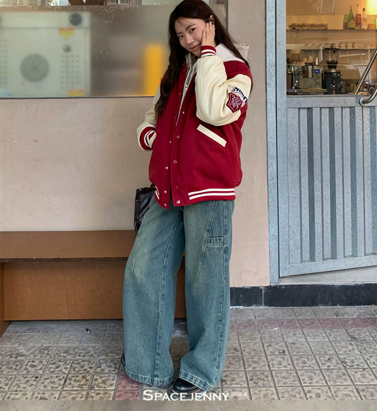 Women's vintage bear chenille embroidered varsity jacket with PU leather sleeves, product photo 18