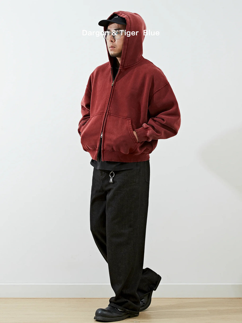 Boxy cropped wide fit washed distressed fleece lined hoodie, detail view