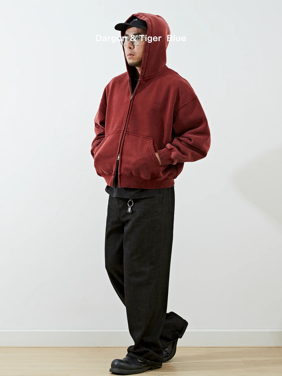 Boxy cropped wide fit washed distressed fleece lined hoodie, detail view