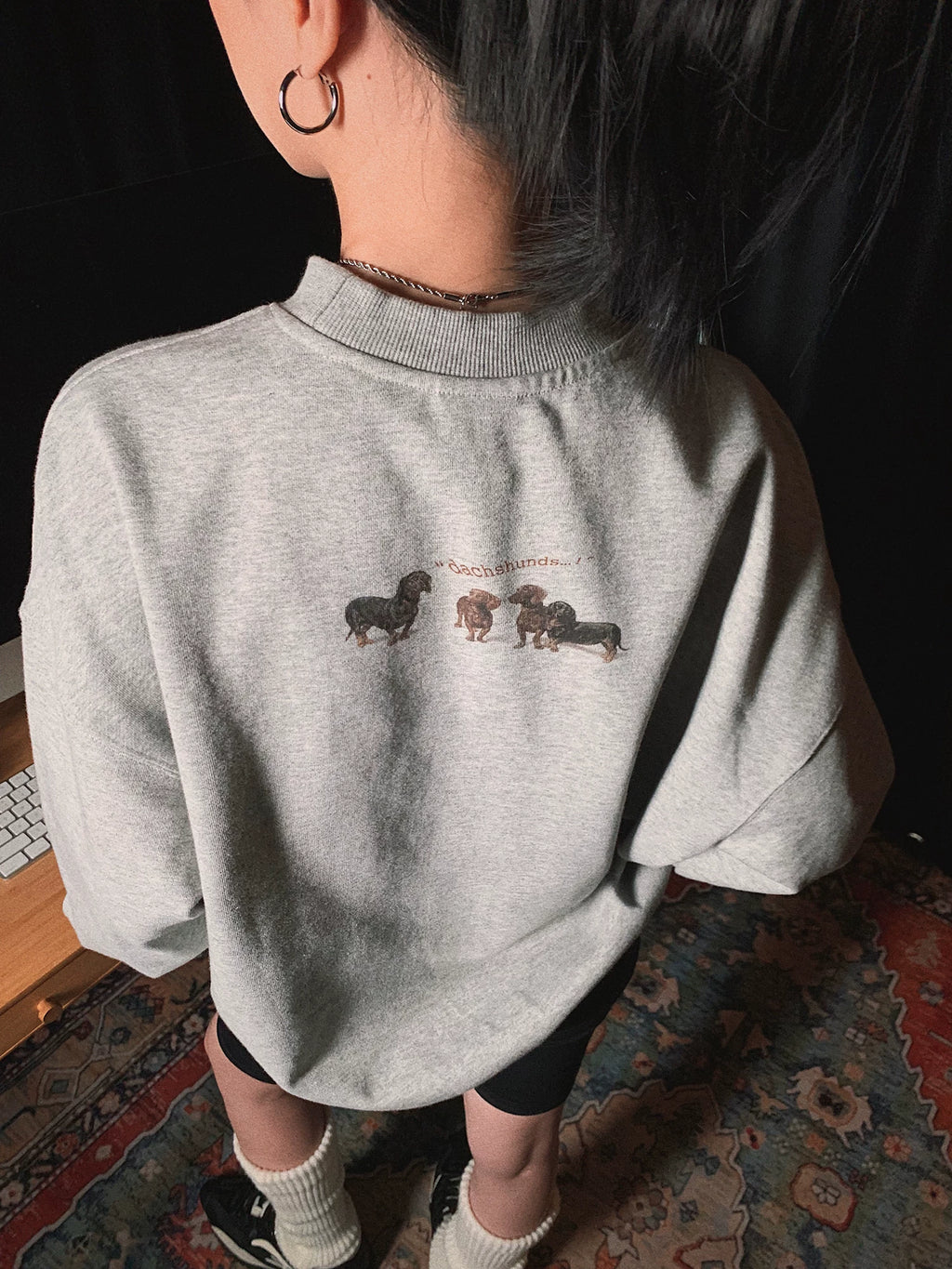 PII Unisex Dachshund Crew Neck Sweatshirt, 400GSM Heavyweight Heather Gray American Vintage Classic Pullover, Soft Warm Retro Casual Top for Dog Lovers Streetwear Daily Fall Winter Wear