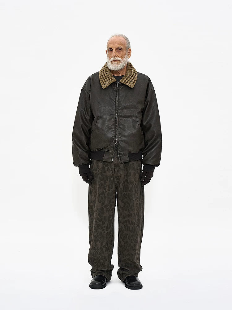 Partimento quilted leather jacket with handmade knit collar, detail view