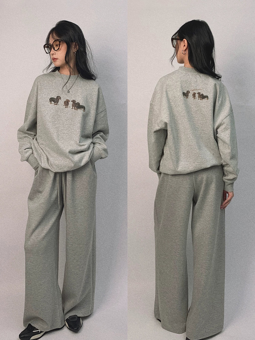 PII Unisex Dachshund Crew Neck Sweatshirt, 400GSM Heavyweight Heather Gray American Vintage Classic Pullover, Soft Warm Retro Casual Top for Dog Lovers Streetwear Daily Fall Winter Wear