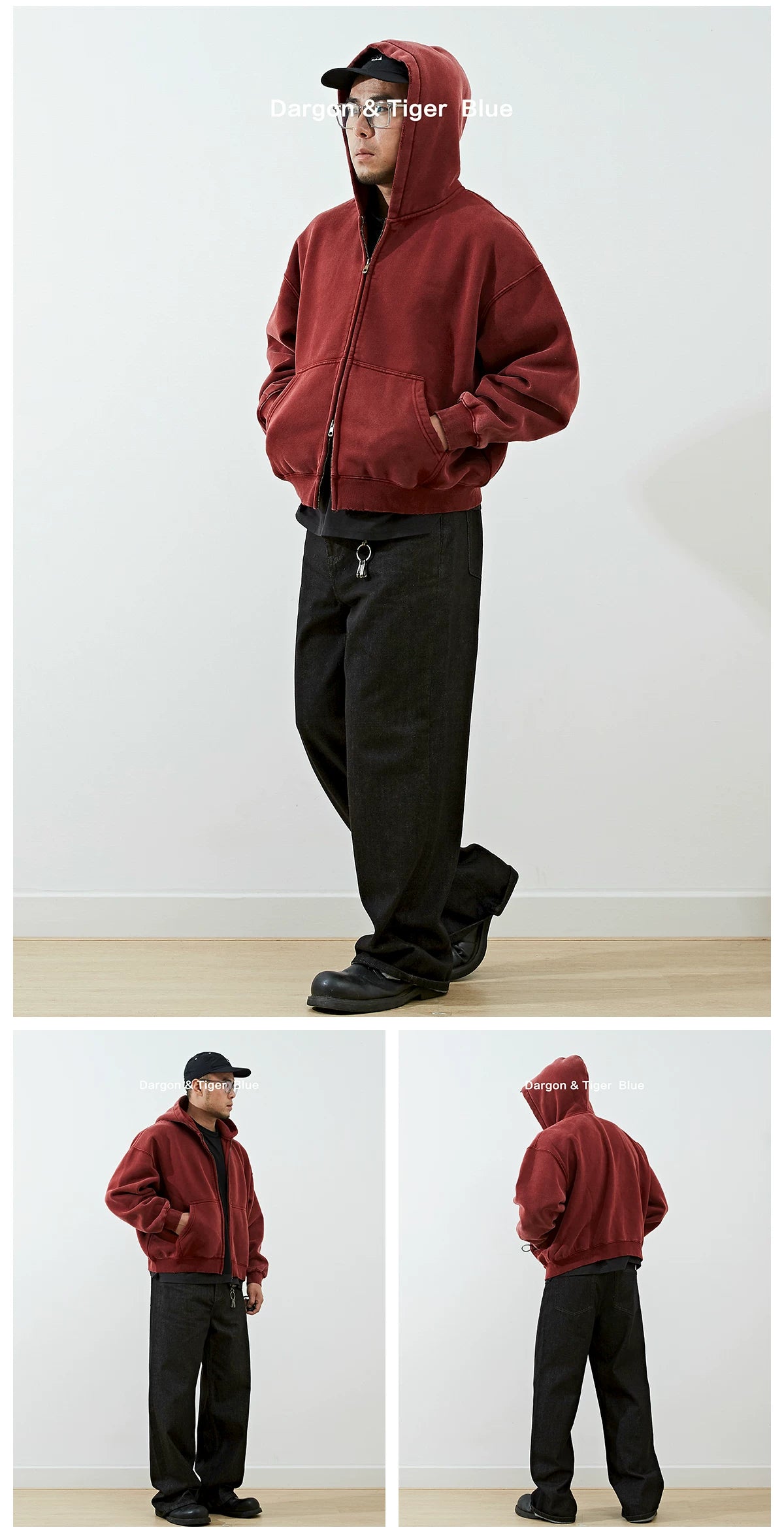 Boxy cropped wide fit washed distressed fleece lined hoodie, product photo 11