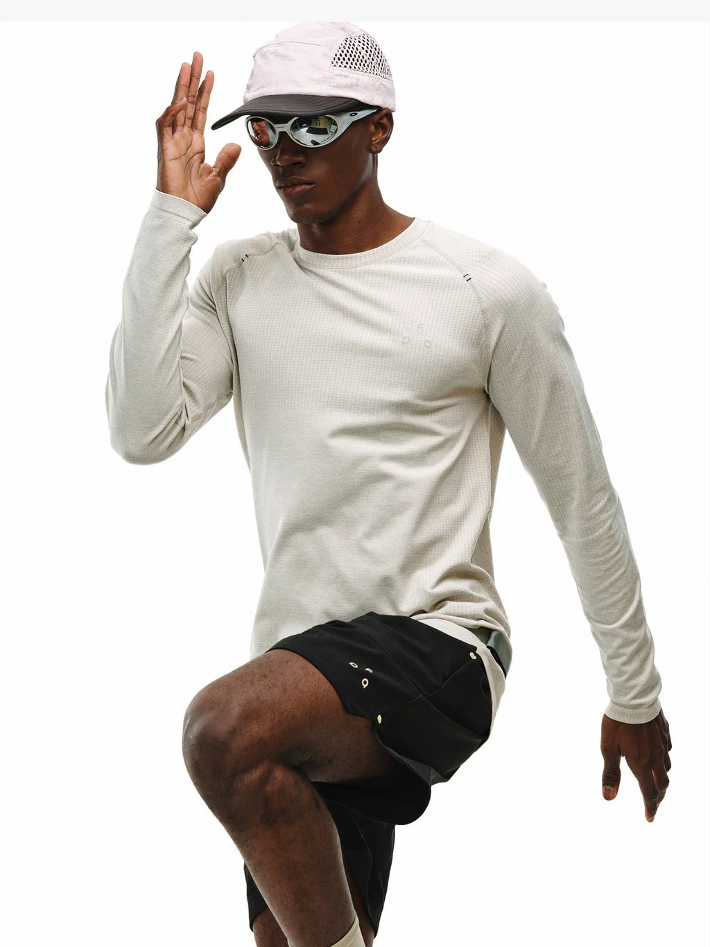 Men's seamless long sleeve athletic tee, on model