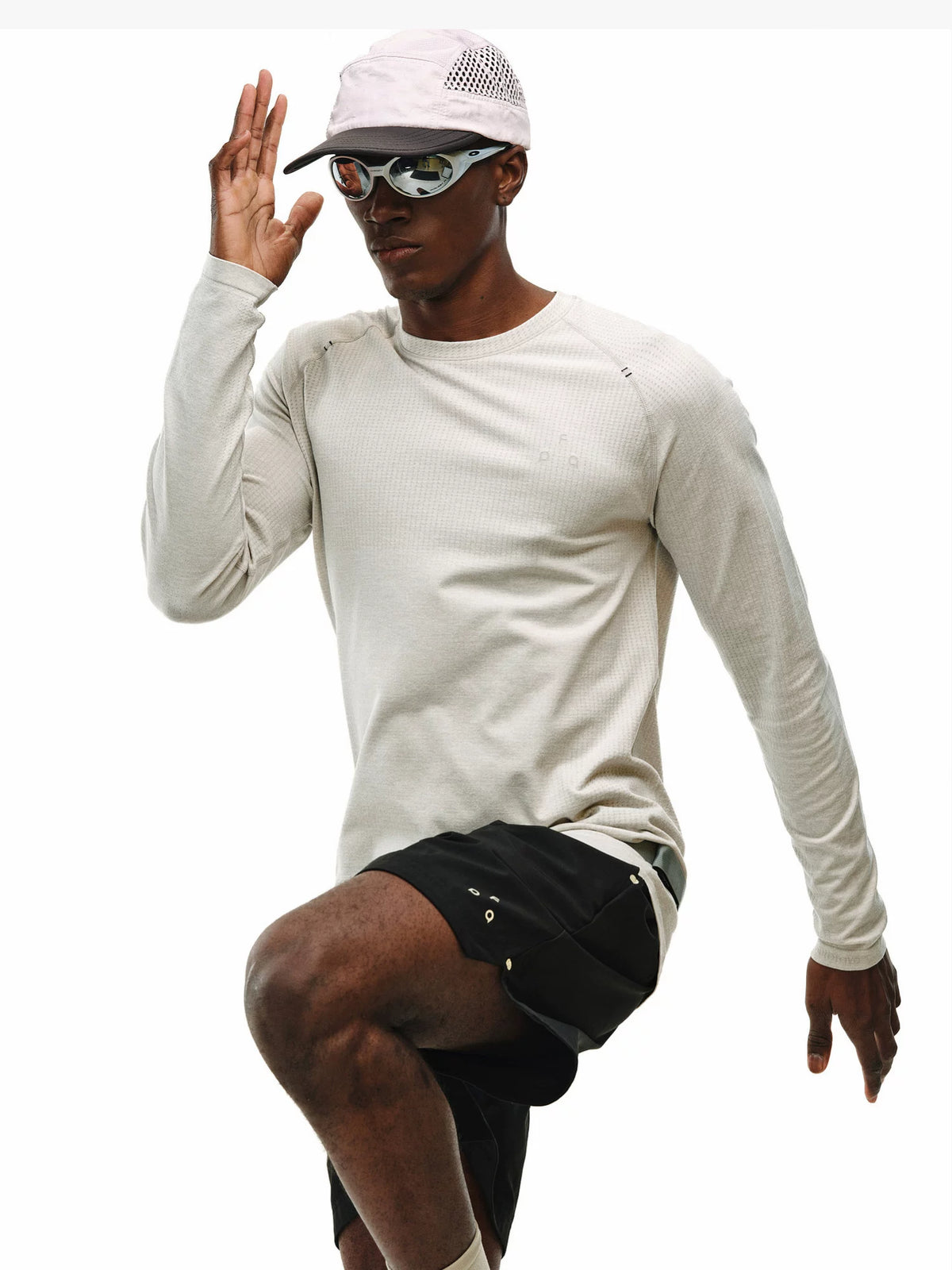Men's seamless long sleeve athletic tee, on model