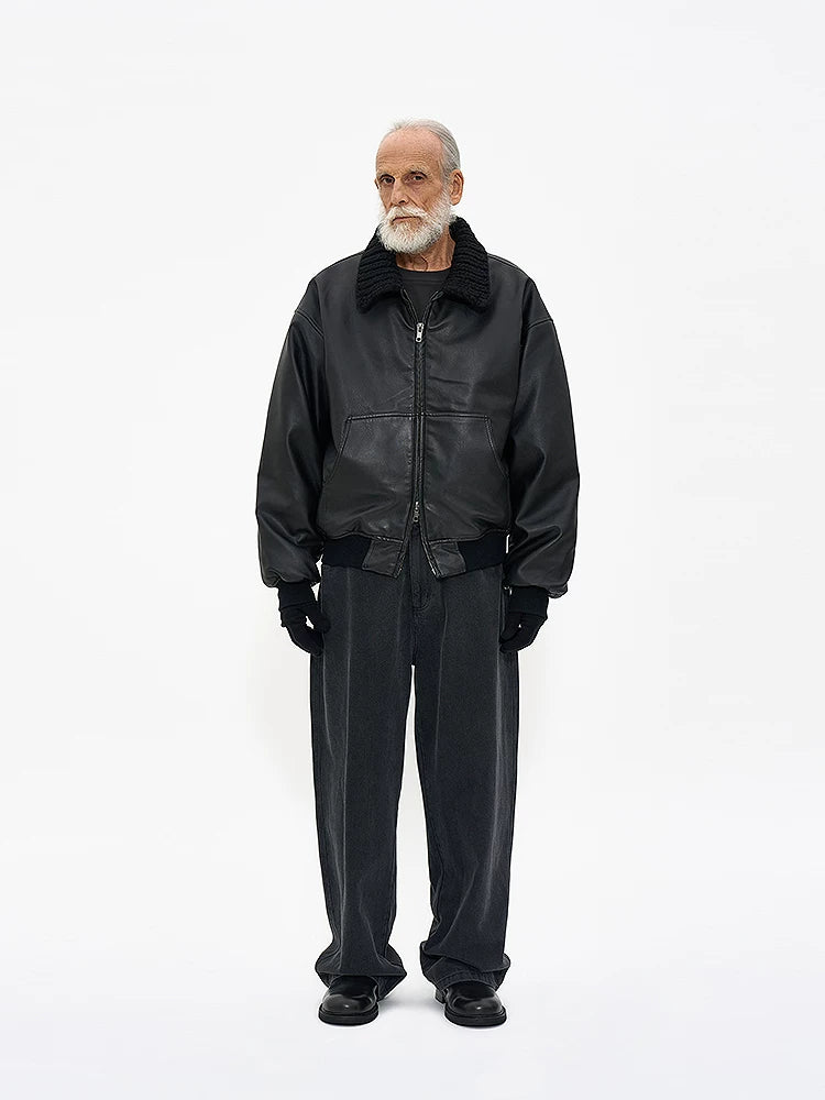 Partimento quilted leather jacket with handmade knit collar, back view