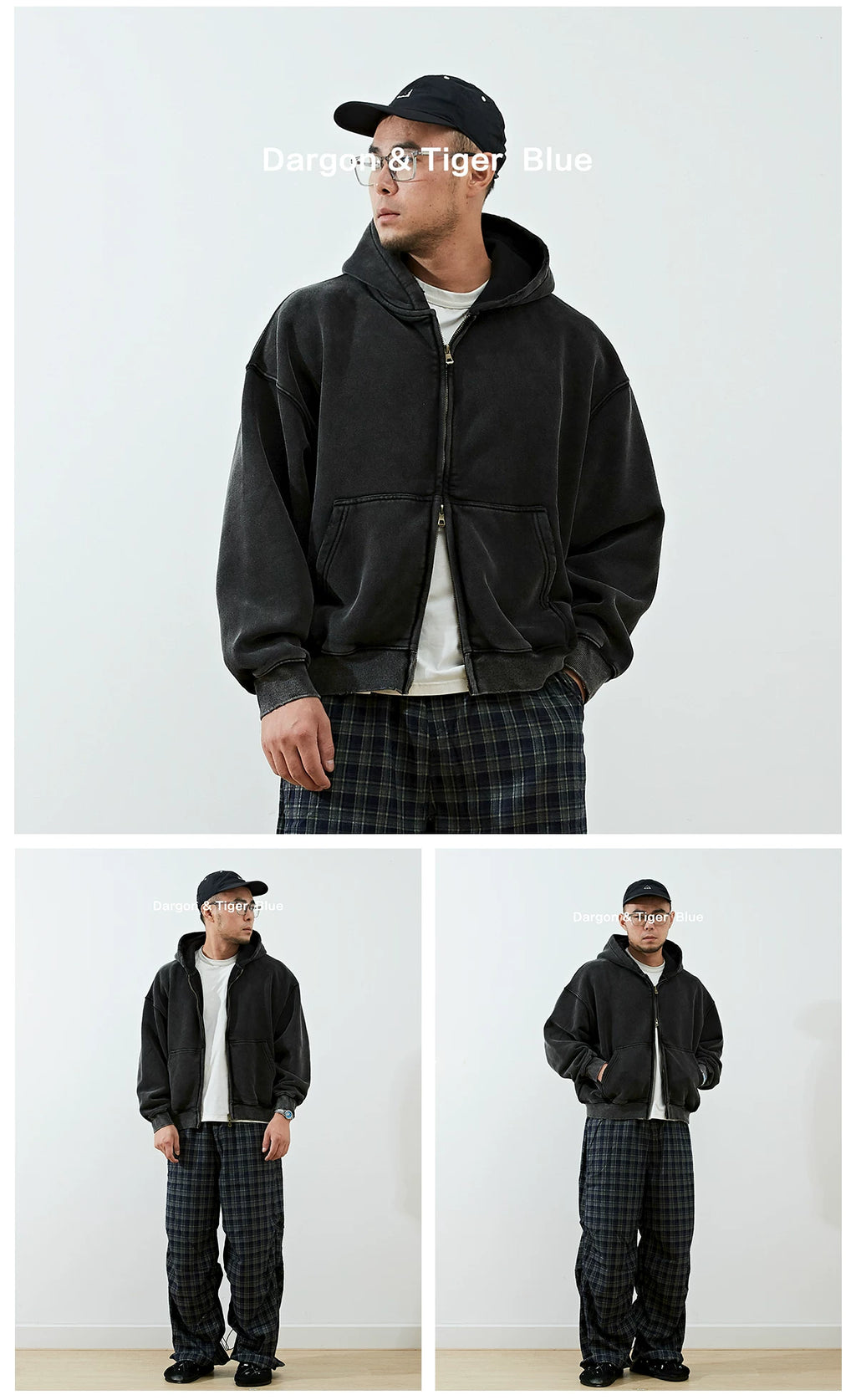 Boxy cropped wide fit washed distressed fleece lined hoodie, product photo 9