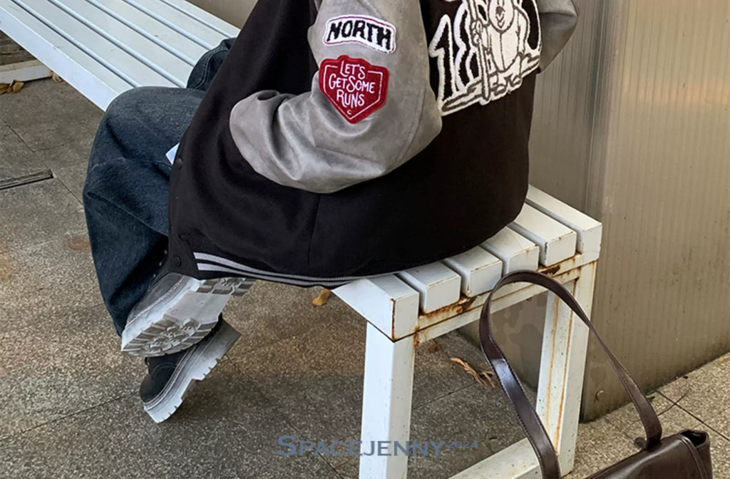Women's vintage bear chenille embroidered varsity jacket with PU leather sleeves, product photo 13