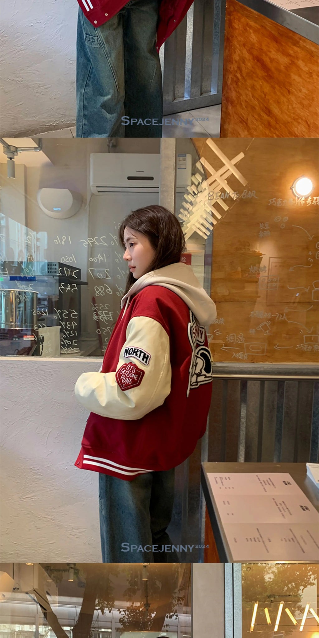Women's vintage bear chenille embroidered varsity jacket with PU leather sleeves, product photo 17