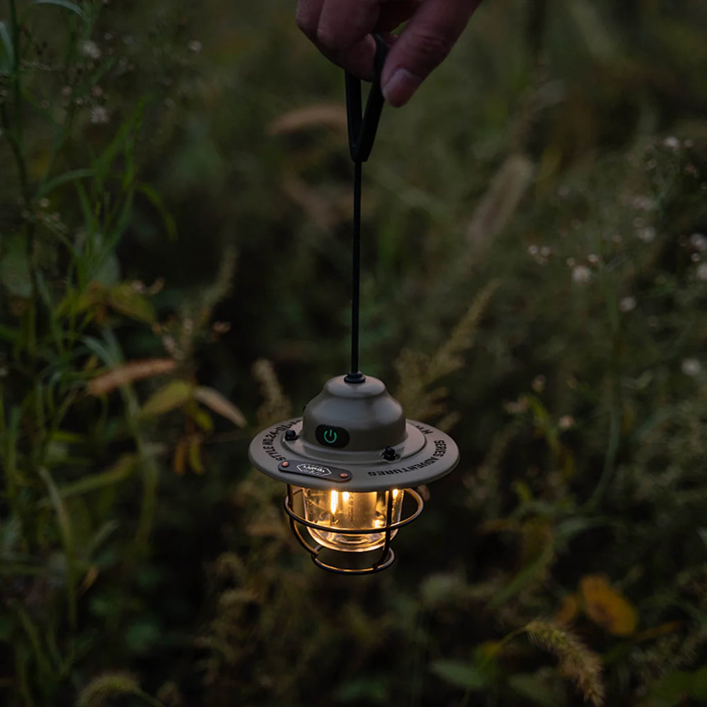 Wellhike mini pinecone camping lantern, rechargeable camp light, side view