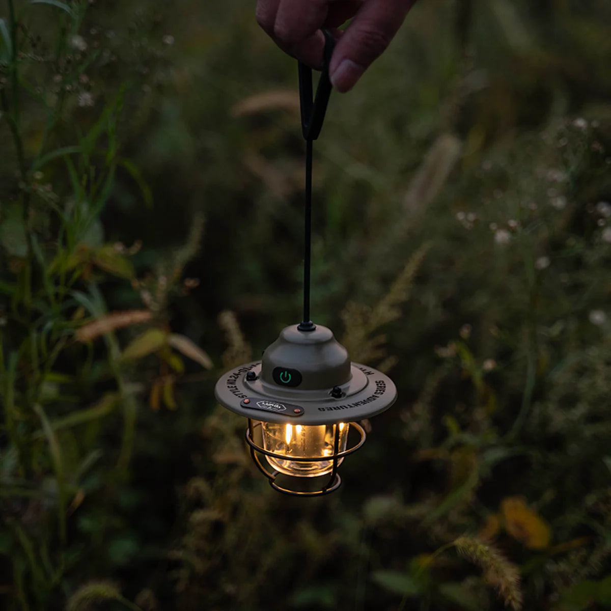 Wellhike mini pinecone camping lantern, rechargeable camp light, side view