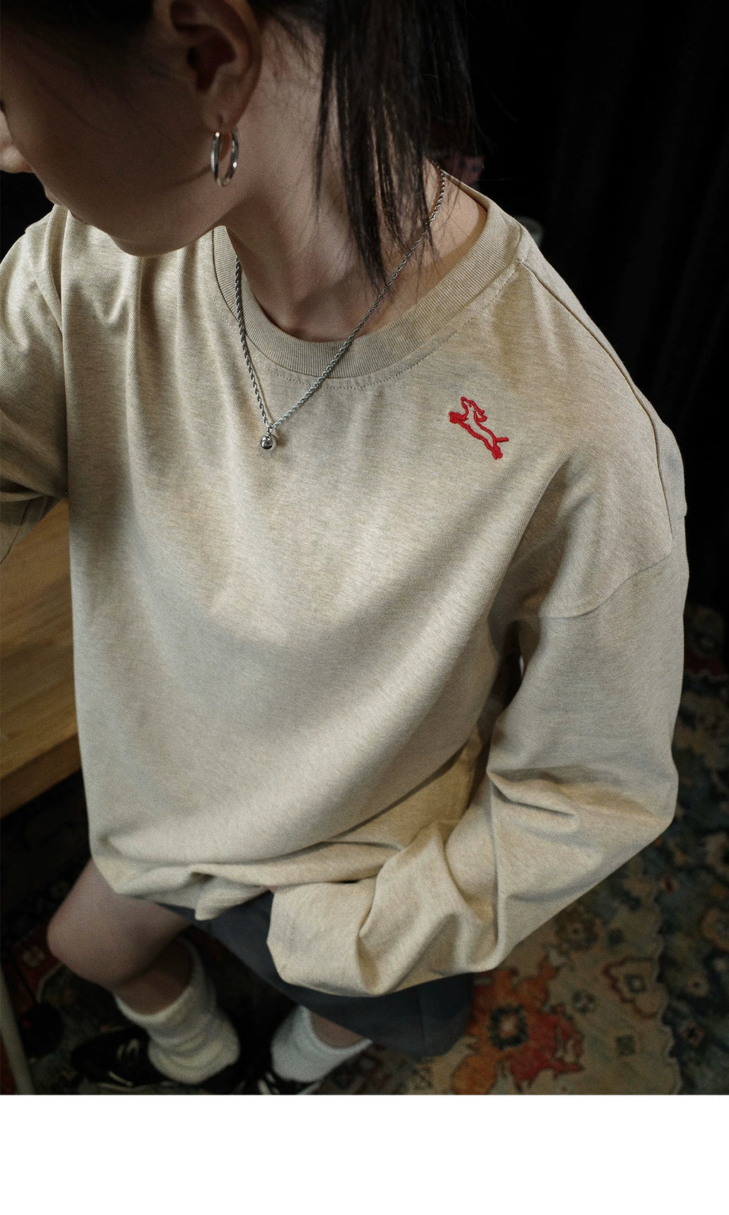 PII Run Unbound Dachshund Embroidered Long Sleeve T-Shirt, 260GSM Heavyweight American Vintage Khaki Oat Wiener Dog Tee, Relaxed Fit Retro Casual Crew Neck Top for Men Women Streetwear Dog Lovers Daily Wear