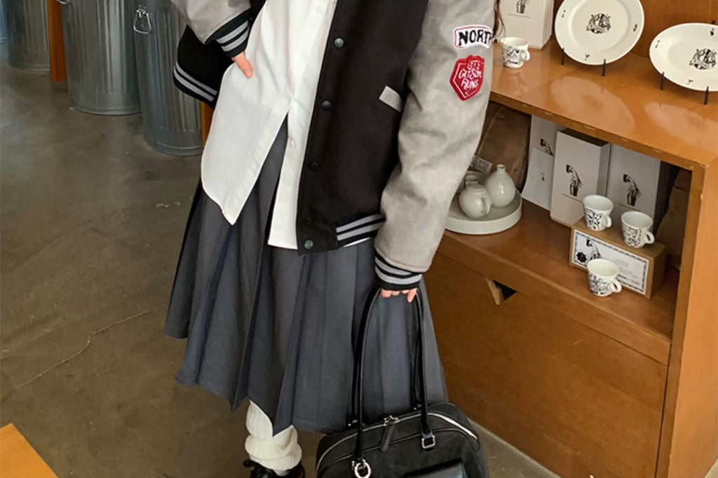 Women's vintage bear chenille embroidered varsity jacket with PU leather sleeves, product photo 8