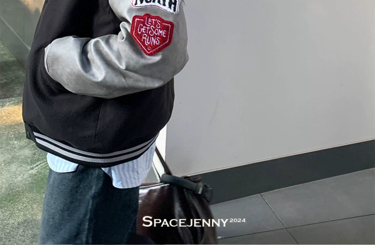 Women's vintage bear chenille embroidered varsity jacket with PU leather sleeves, product photo 11