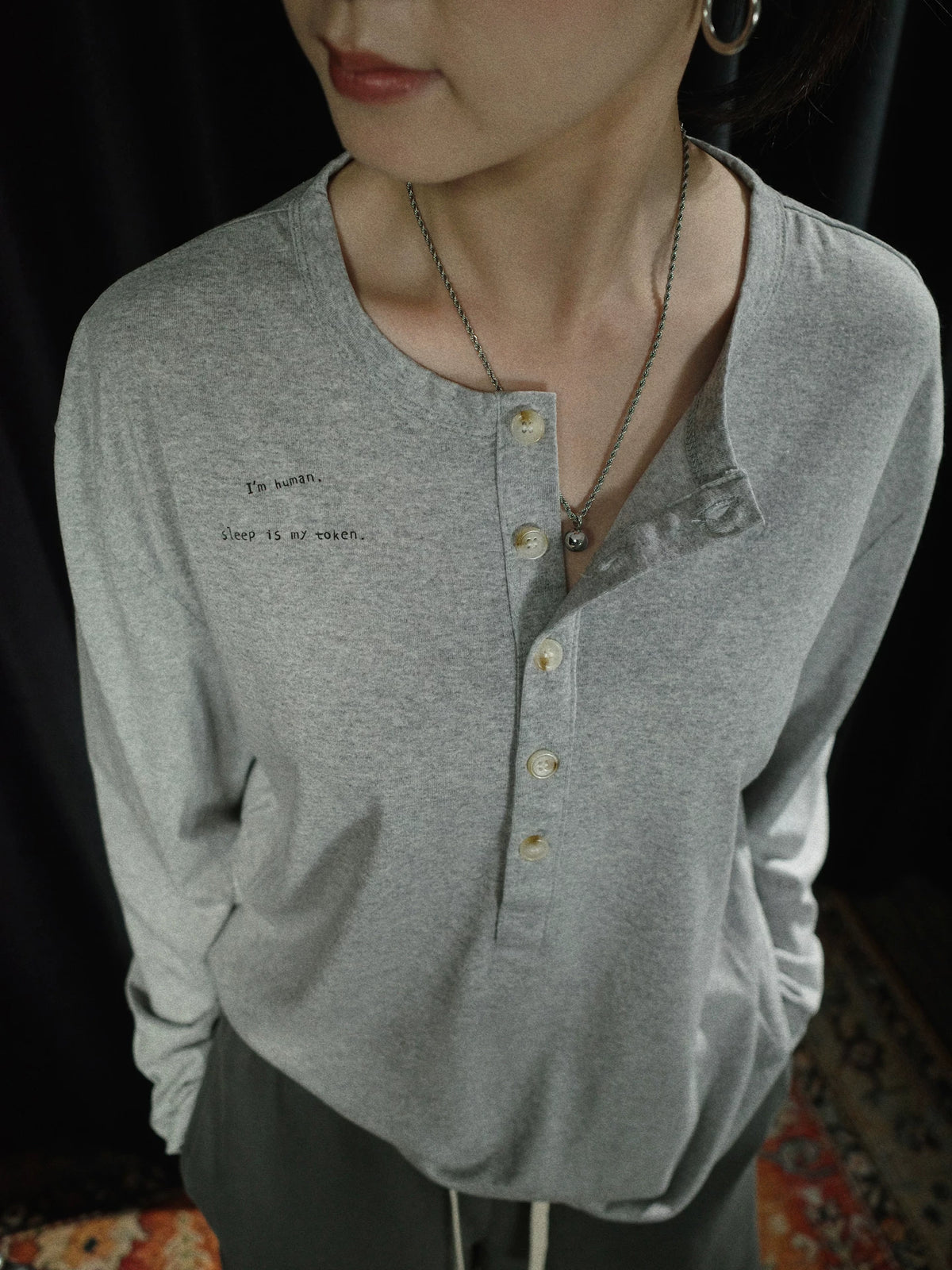 PII "I'm Human Sleep Is My Token" Henley T-Shirt, 250GSM Lyocell 90s Vintage Hand Drawn Retro Tee, Soft Breathable Casual Henley Top for Men Women Streetwear Daily Loungewear