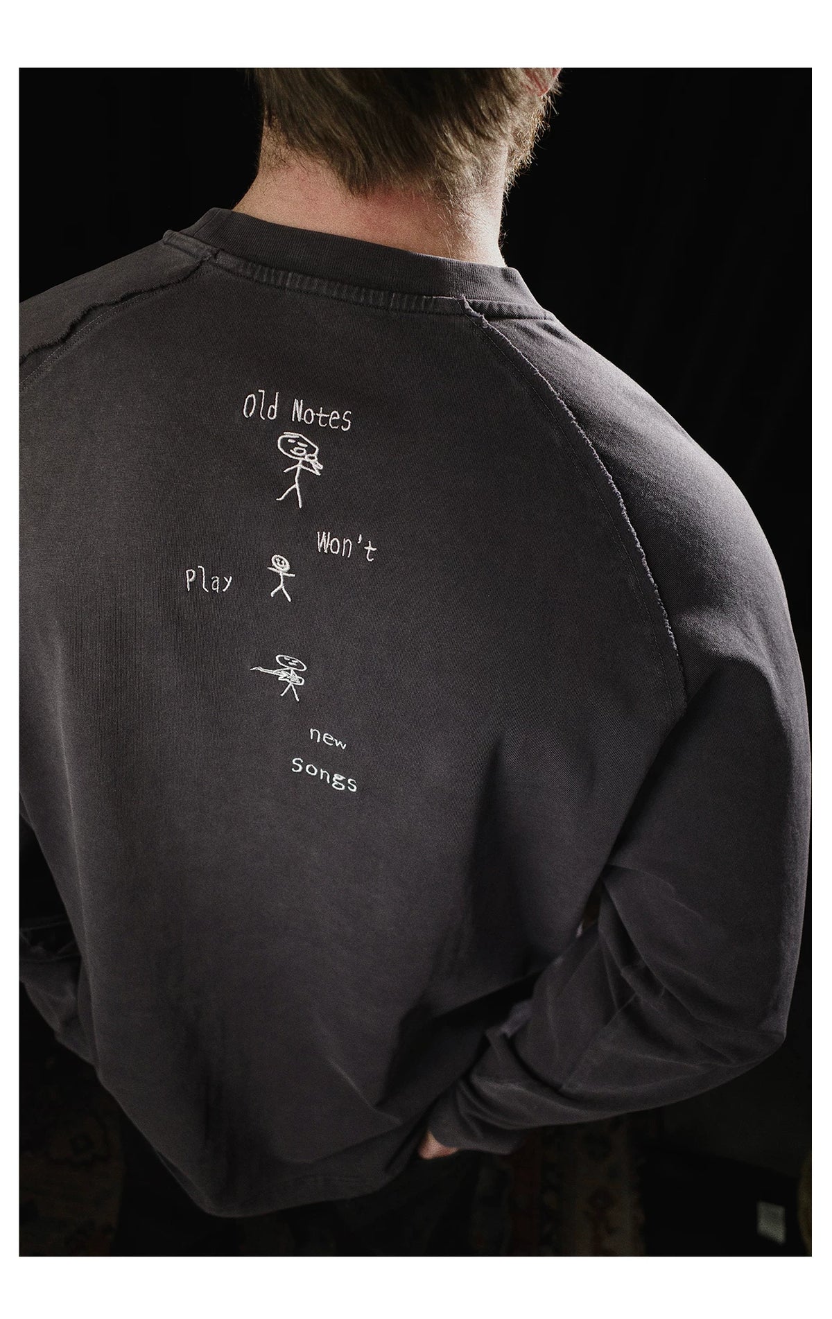 Old notes embroidered vintage band t-shirt, back view