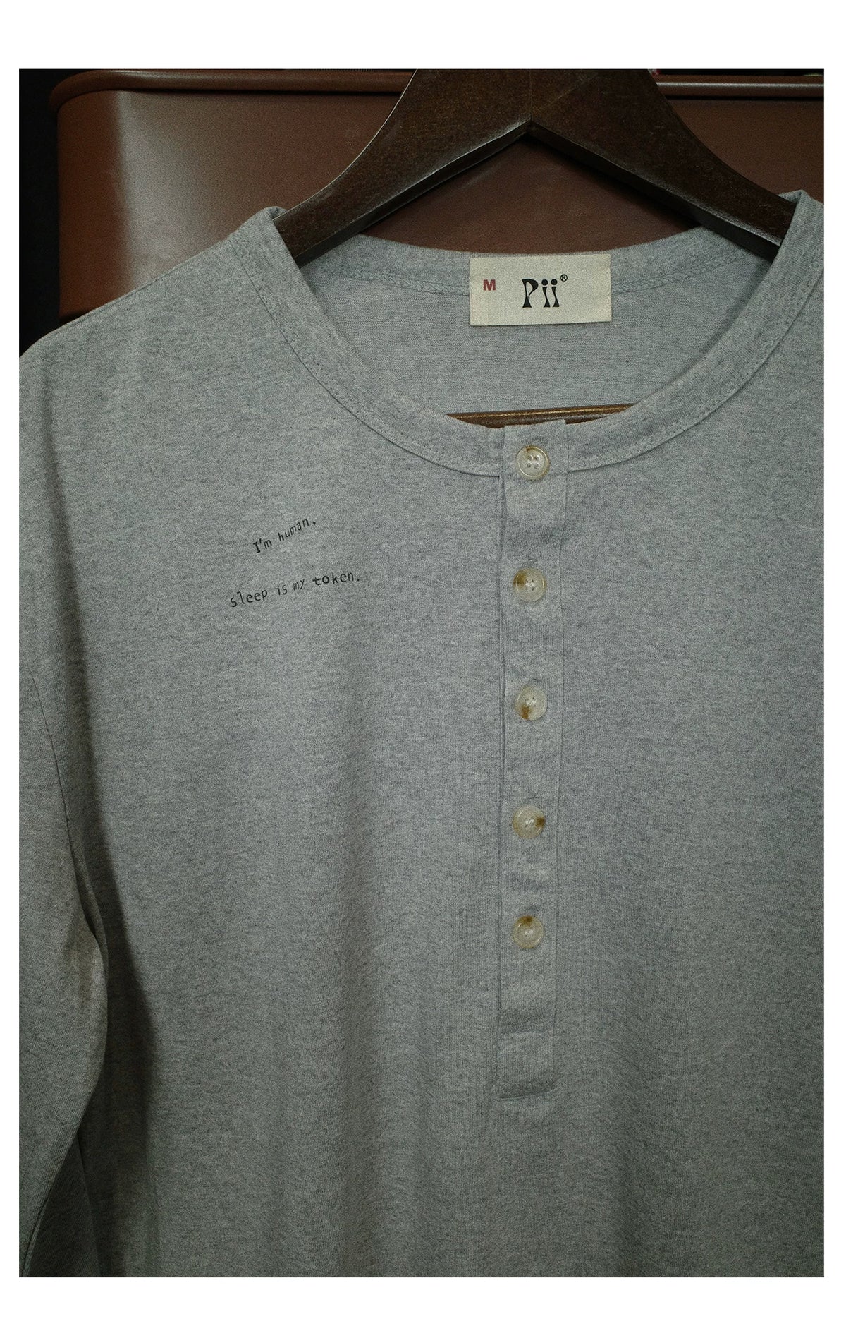 PII "I'm Human Sleep Is My Token" Henley T-Shirt, 250GSM Lyocell 90s Vintage Hand Drawn Retro Tee, Soft Breathable Casual Henley Top for Men Women Streetwear Daily Loungewear