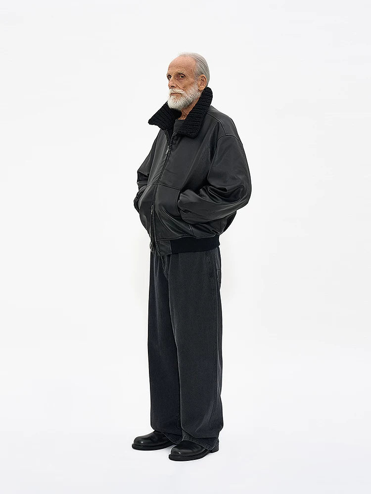 Partimento quilted leather jacket with handmade knit collar, worn view