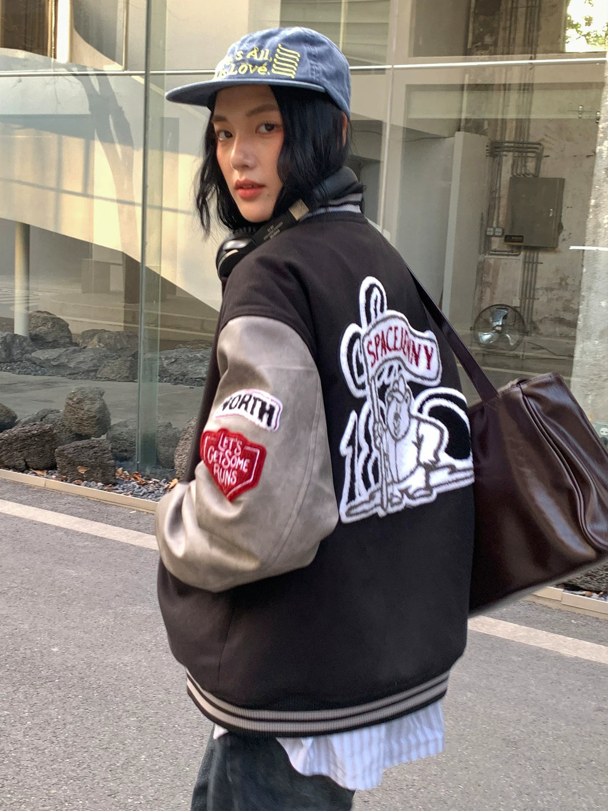 Women's vintage bear chenille embroidered varsity jacket with PU leather sleeves