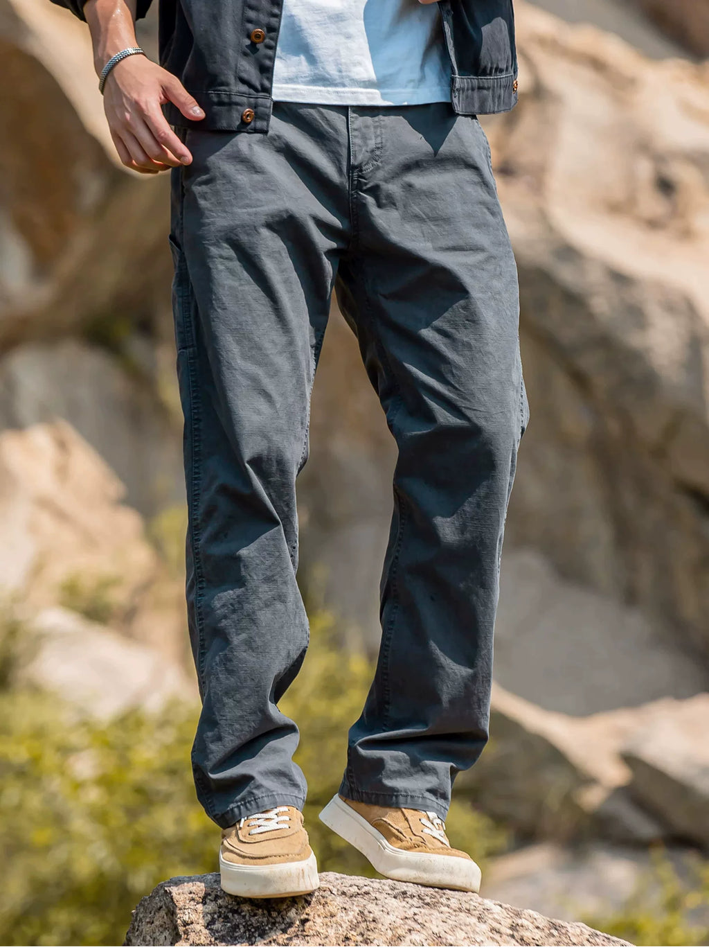 Men's Gray Pure Cotton Wide Leg Straight Casual Pants, 2026 Fall New Arrival American Vintage Stone Washed Loose Fit Long Trousers, Relaxed Retro Streetwear Daily Wear for Men Fall Outfits