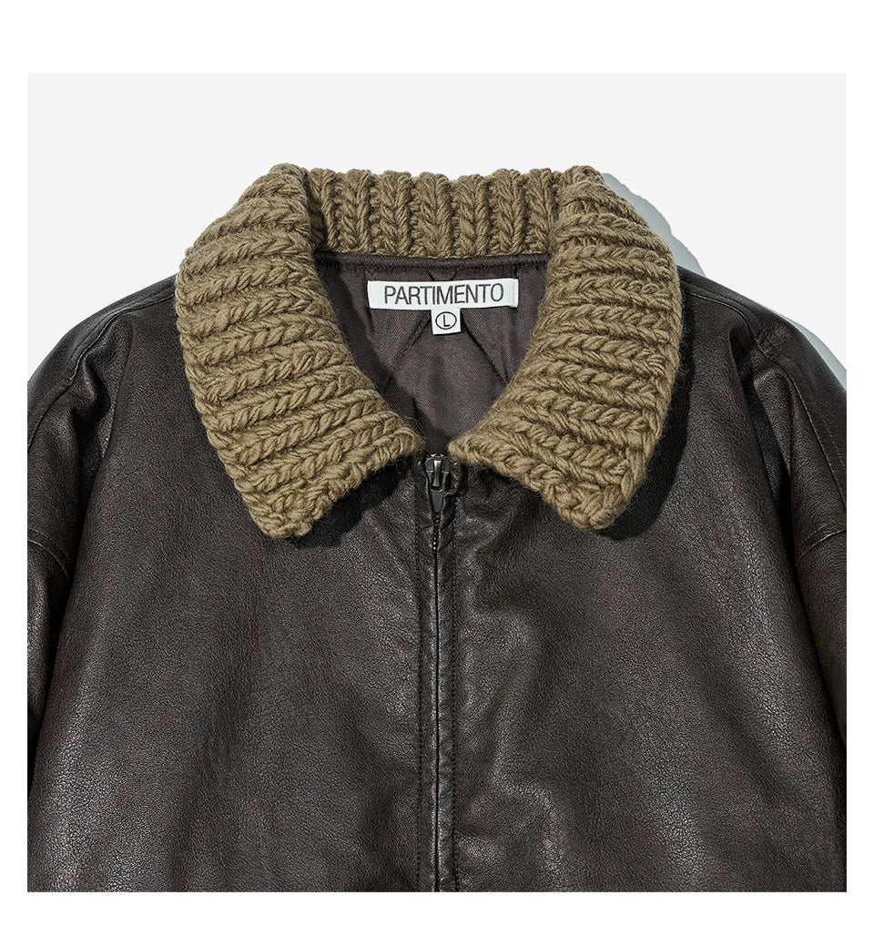 Partimento quilted leather jacket with handmade knit collar, product photo 15