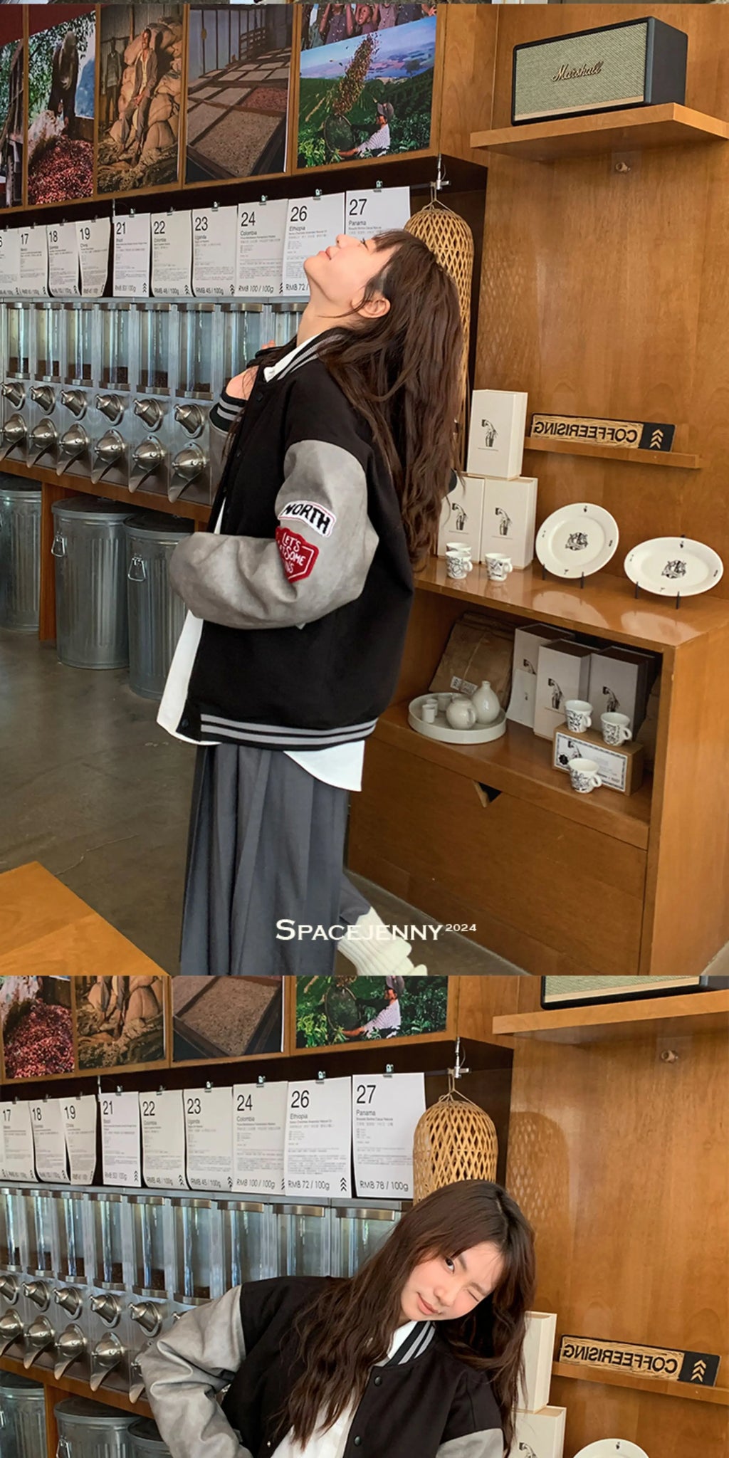 Women's vintage bear chenille embroidered varsity jacket with PU leather sleeves, product photo 7