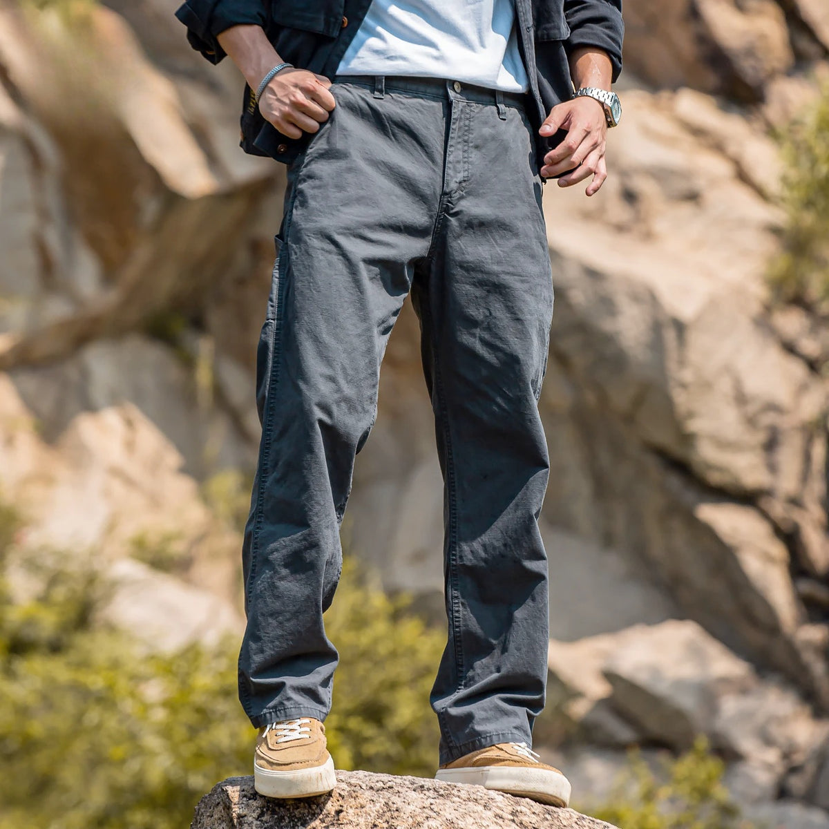 Men's Gray Pure Cotton Wide Leg Straight Casual Pants, 2026 Fall New Arrival American Vintage Stone Washed Loose Fit Long Trousers, Relaxed Retro Streetwear Daily Wear for Men Fall Outfits
