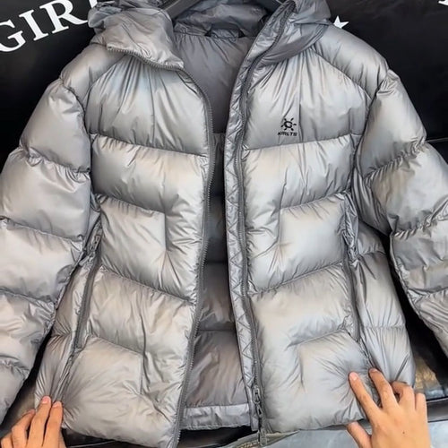 Lightweight hooded duck down jacket, winter puffer coat, side view