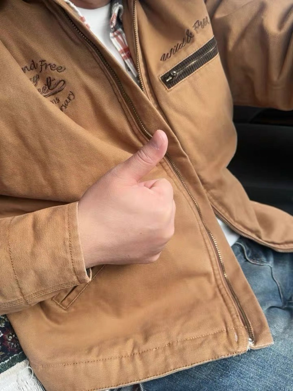 Japanese vintage padded jacket - tan embroidery detail